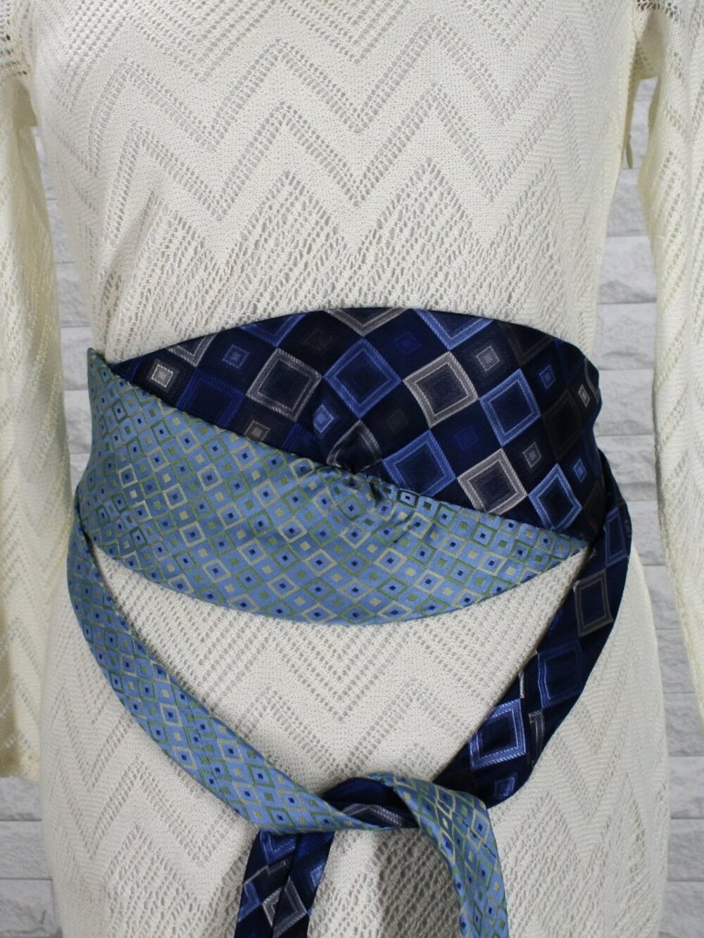 HAND CRAFTED Belt Necktie Upcycled Cummerbund Wrap Silk Wide Obi Waist Sash Blue - Picture 7 of 17